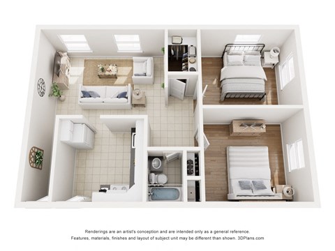 A 3D floor plan of a small apartment with a kitchen, living room, and bedroom.
